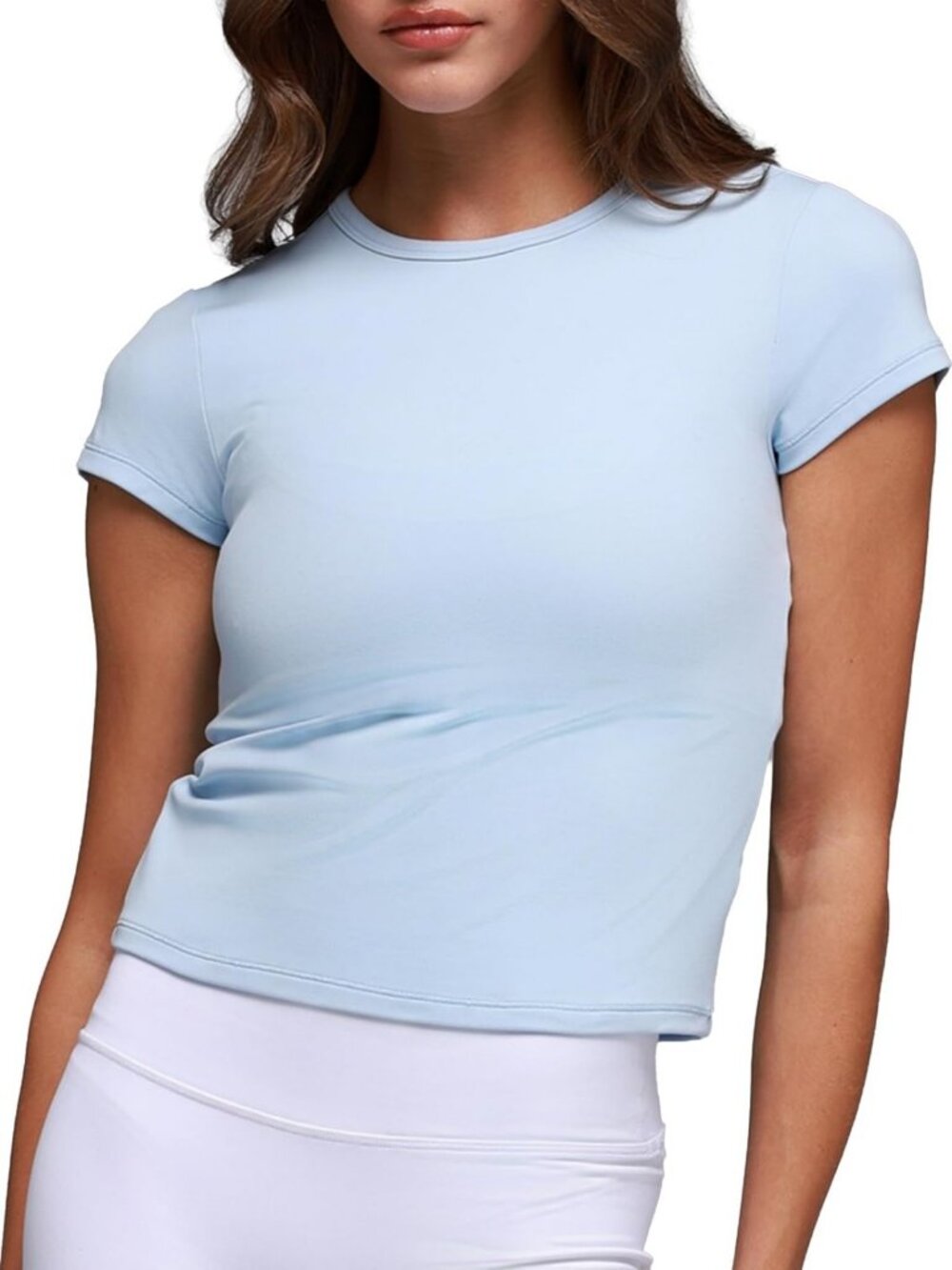 Cute Y2K Crewneck Baby Tee for Women - Slim Fit Capped Sleeve Workout Top